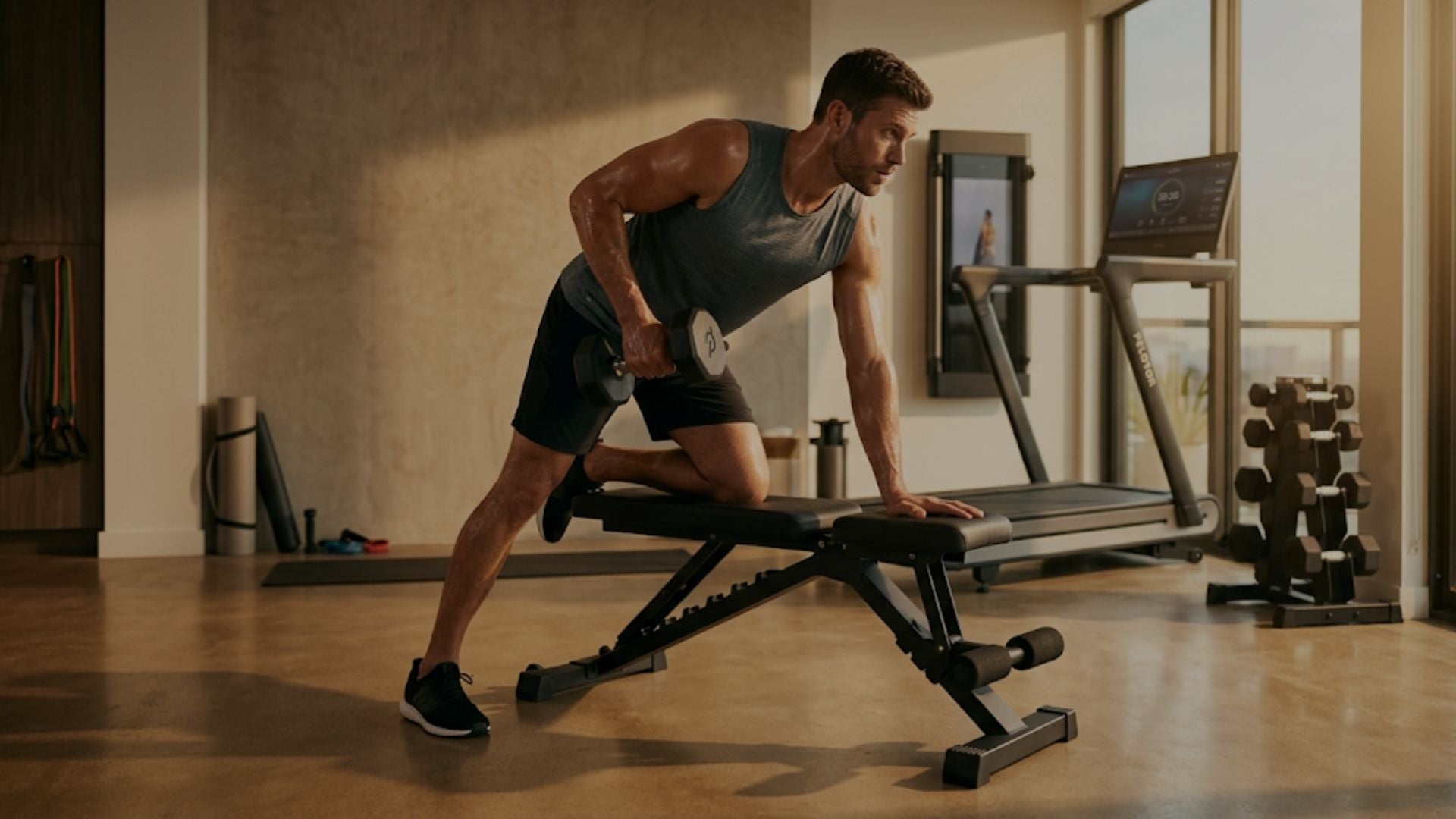 Muscular man performing dumbbell row exercise on weight bench in modern home gym